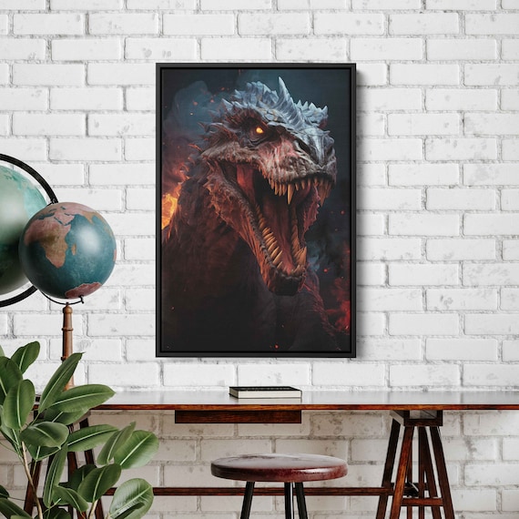 Trex In Flames Wall Art Print Flaming Dinosaur Gift For Dinosuar Lovers Ready To Hang