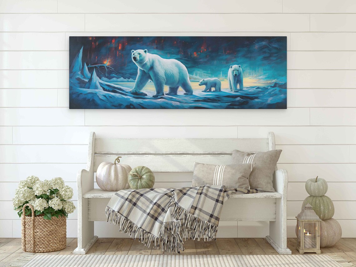 Polar Bear Family Crossing Arctic Ice Teal Twilight Sky Panoramic Art Poster - Image 2