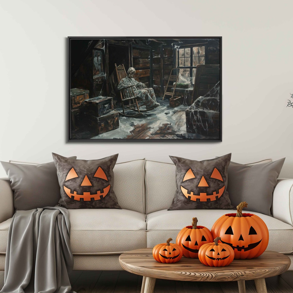 Skeleton Sitting In Rocking Chair Cobwebbed Attic Haunted House Print - Image 3