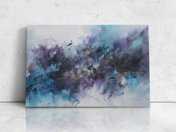 Bluepurple Abstract Paint Splatter Oil Painting Framed Print On Ready To Hang Office Decor