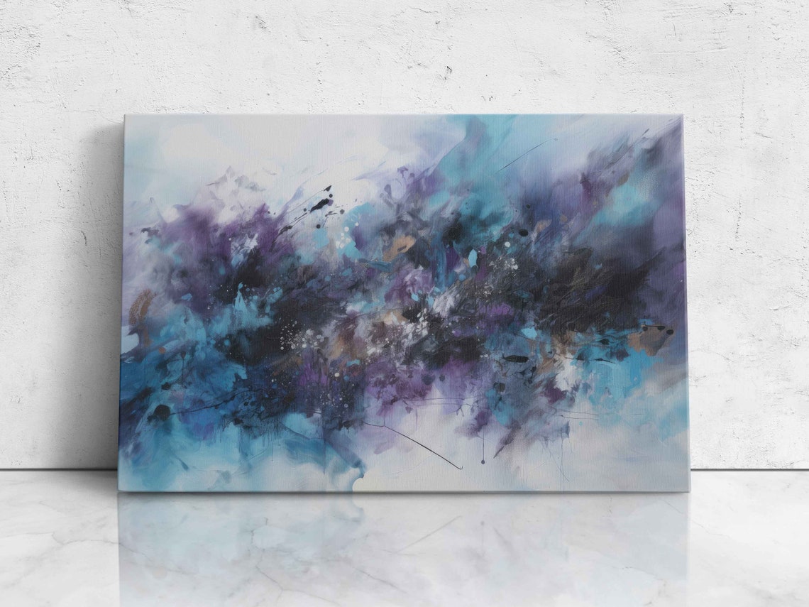 Bluepurple Abstract Paint Splatter Oil Painting Framed Print On Ready To Hang Office Decor