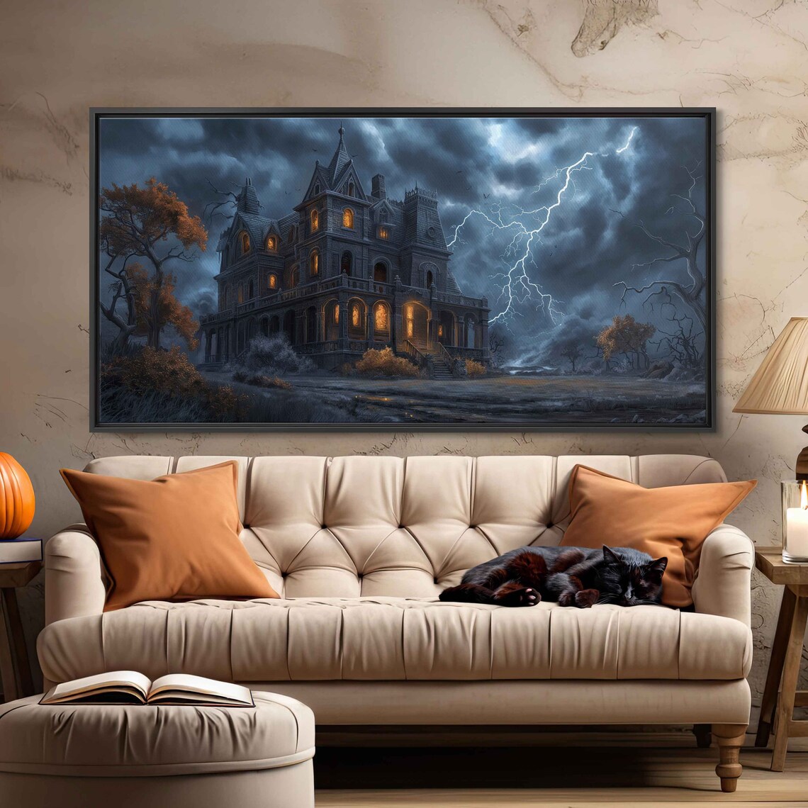 Haunted Victorian Mansion Lightning Storm Night Eerie Halloween Art Print - Image 3