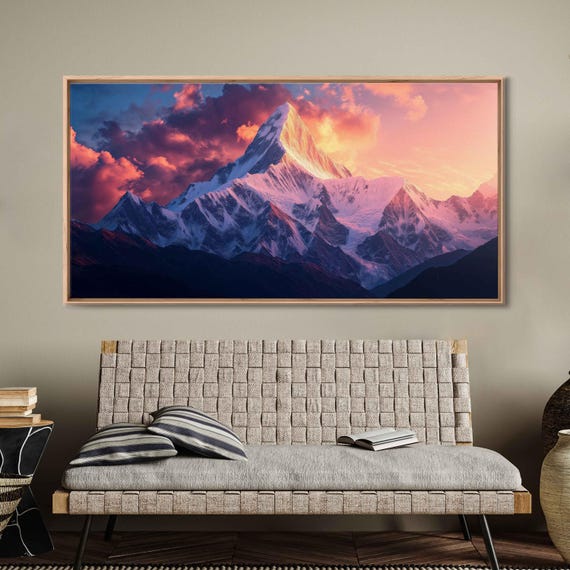 Himalayas Sunrise Wall Art Print Dramatic Oil Painting Snow Capped Peaks Azure Sky