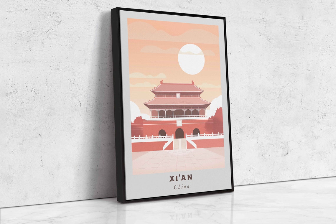 Xi'an China Red Palace Gate Full Moon Minimal Sunset Travel Poster - Image 2