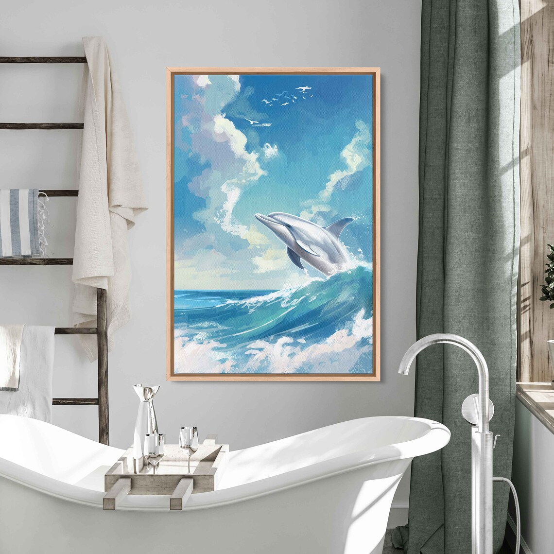 Dolphin Jumping Out Of The Water Wall Art Print Aquatic Animal Poster Ocean Painting Lake House Decor Ready To Hang