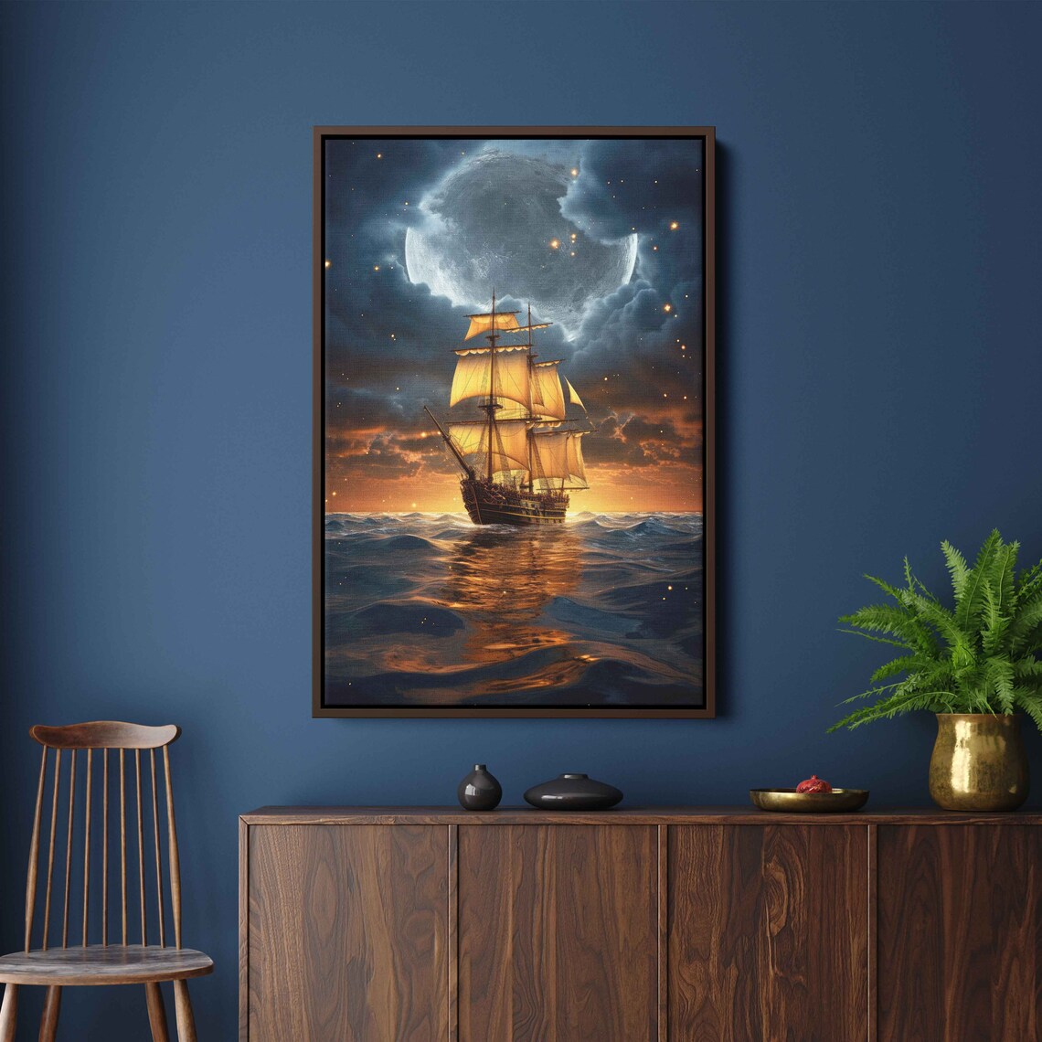 Tall Sailing Ship Full Moon Golden Sails Moonlit Ocean Adventure Poster
