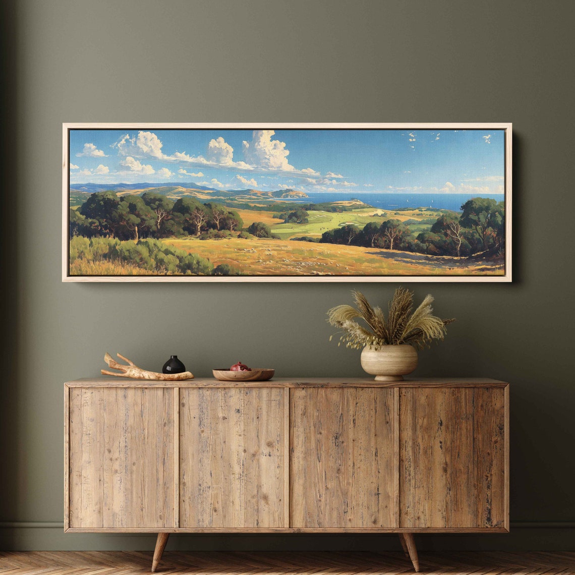 Coastal Golf Course Panoramic Painting Ocean View Rolling Green Poster