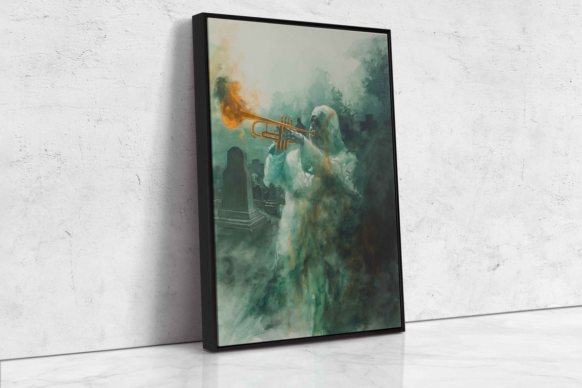 Ghostly Musician Playing Trumpet Misty Green Graveyard Poster - Image 4