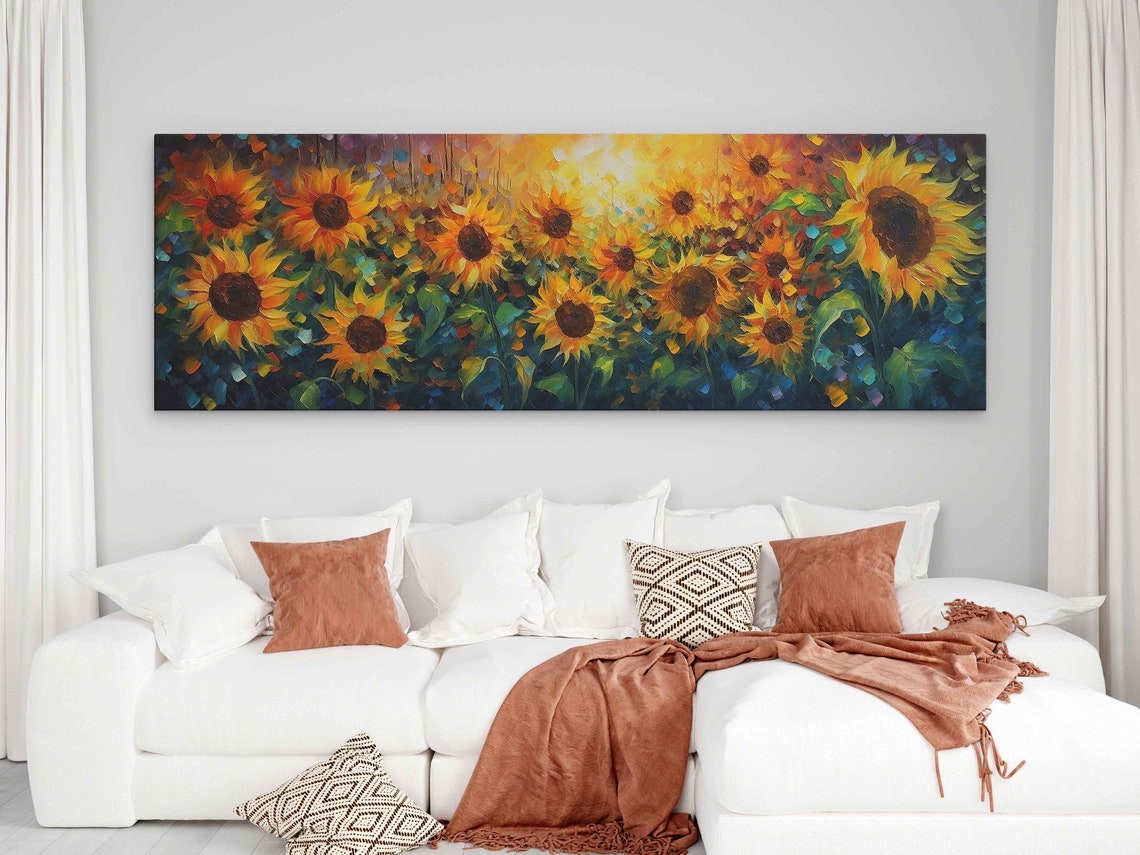 Sunflower Field At Sunset Panoramic Palette Knife Art Poster - Image 2