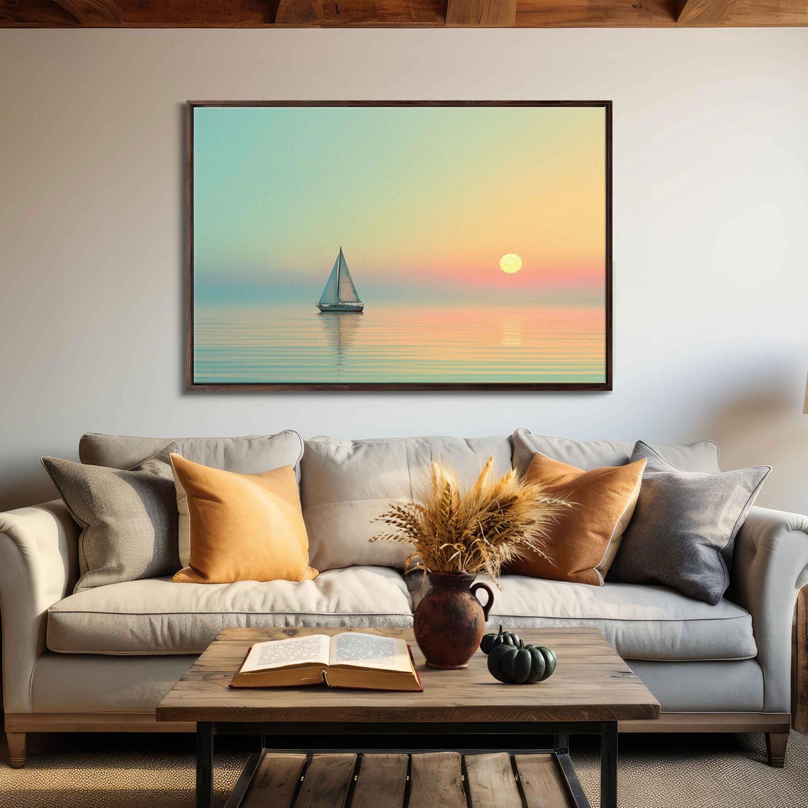 Sailboat Gliding Sunset Peach Sky Calm Sea Minimalist Wall Poster - Image 3