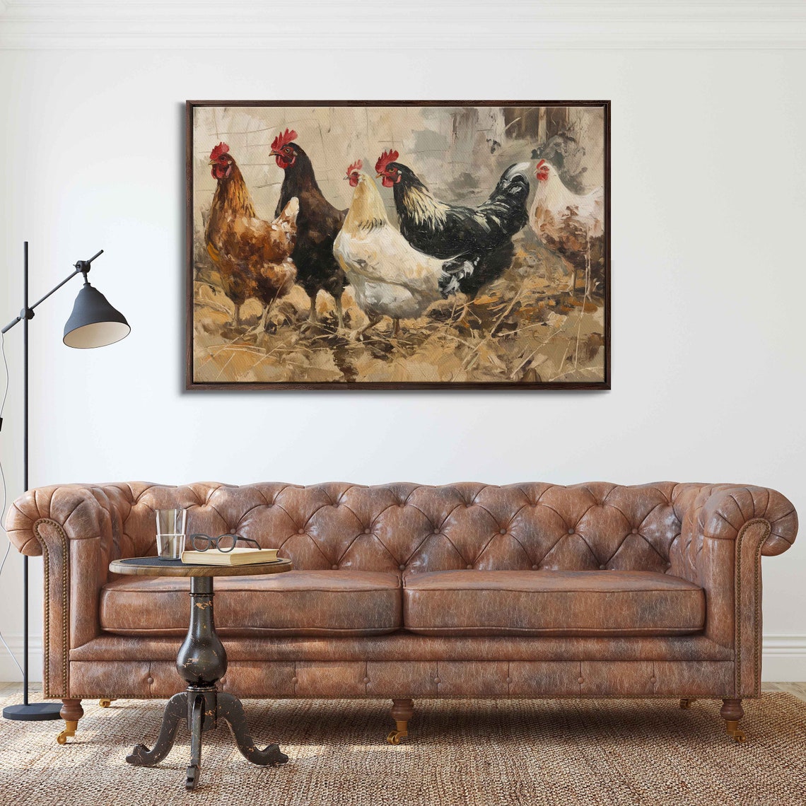 Five Chickens Roosters Close Up Rustic Straw Farm Portrait Painting - Image 3