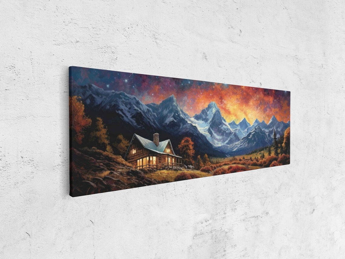 Cabin at Fiery Sunset Snowy Peaks Autumn Trees Mountain Wall Poster - Image 4