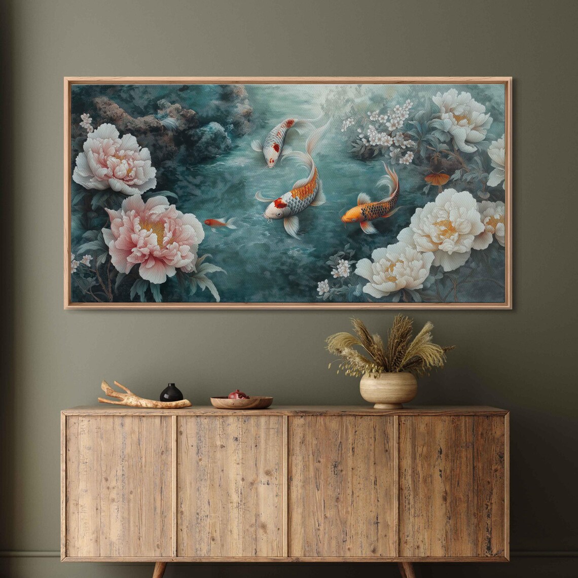 Koi Fish Swimming In Pond Wall Art Print Peaceful Scene With Peonies Symbolizing Prosperity