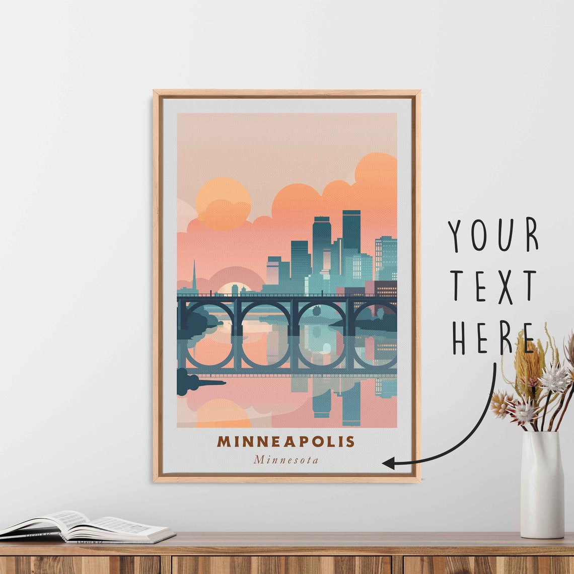 Minneapolis Minnesota Bridge Skyline Reflection Pink Sunset Poster