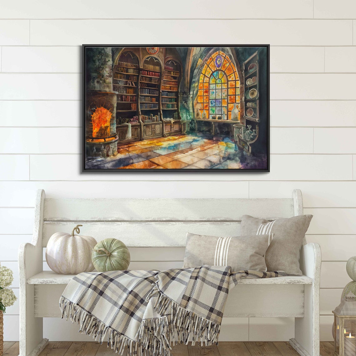 Grand Old Library Hall Stone Fireplace Stained Glass Window Poster - Image 3
