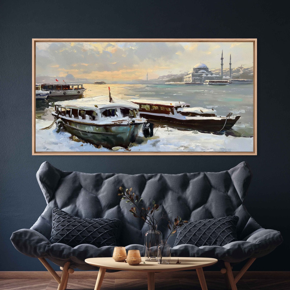 Snowy Winter Harbor Docked Boats Mosque Across Water Scenic Wall Art - Image 3