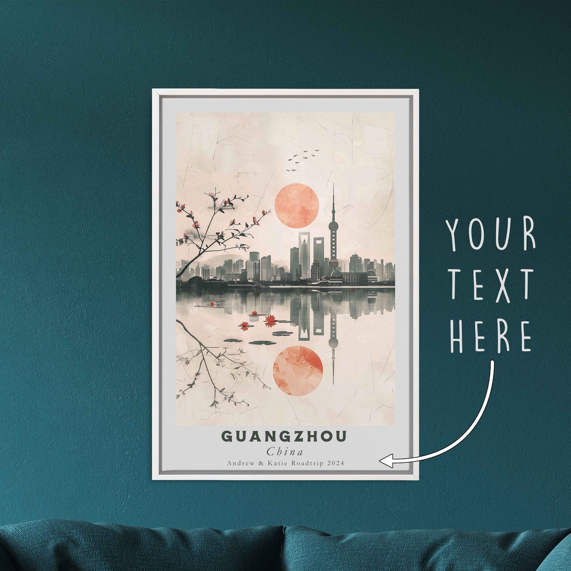Guangzhou China Minimalist Skyline Watercolor Red Sun Wall Art Poster - Image 3