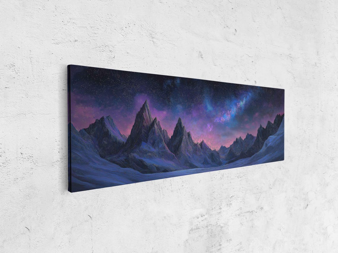 Purple Cosmic Night Sky Over Snow Covered Mountain Peaks Poster - Image 4