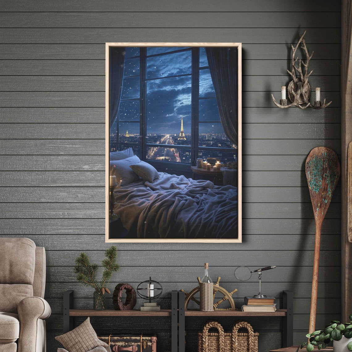 Eiffel Tower Through Window Wall Art Print Paris Nightscape French Town Starry Sky Ready To Hang - Image 3