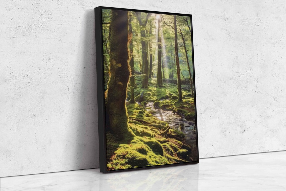 Sunlight Filtering Through Tranquil Forest Wall Art Print Peaceful Nature Wooded Flowing Stream Ready To Hang - Image 4