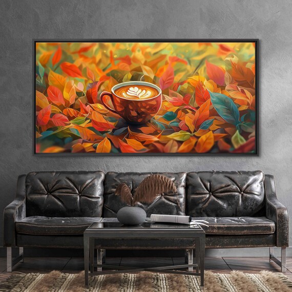 Latte Cup With Leaf Art Nestled Among Vibrant Autumn Leaves Colorful Painting Poster