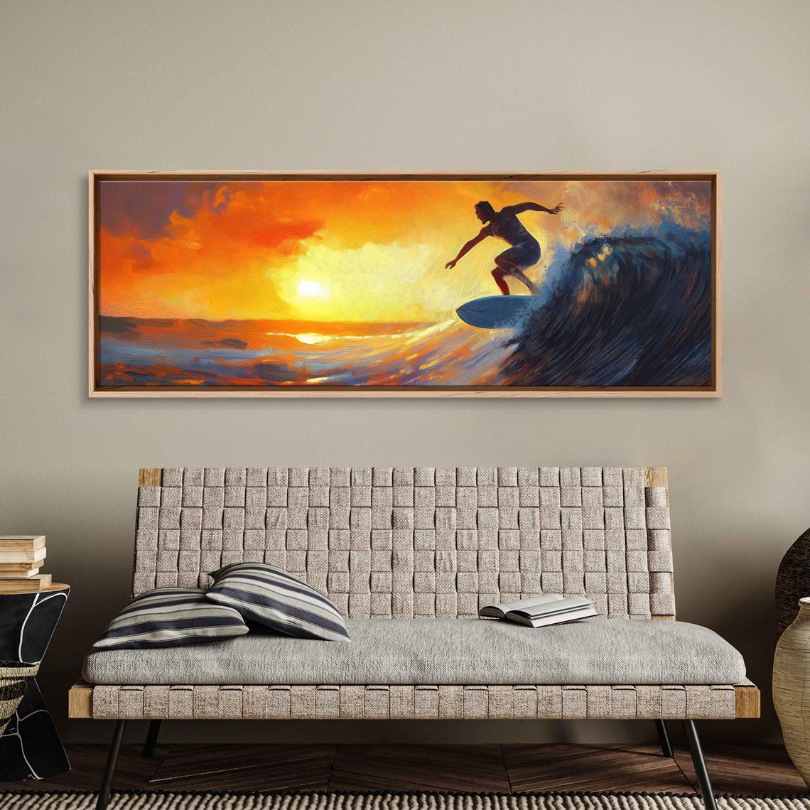 Surfer Riding Wave At Golden Orange Sunset Ocean Painting Poster