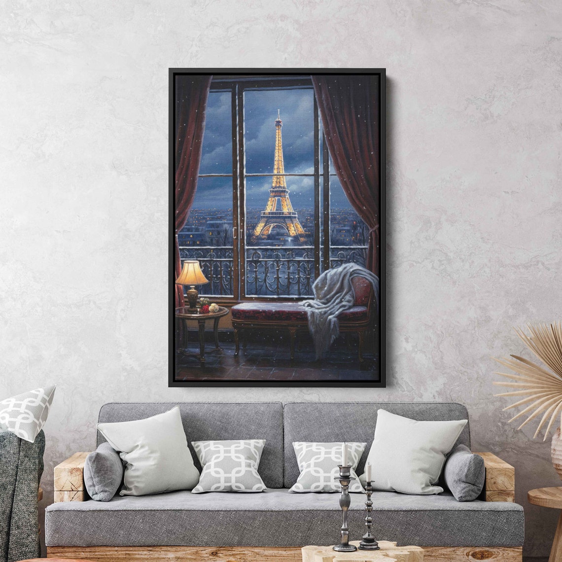 Eiffel Tower Through Window Wall Art Print Paris Nightscape French Town Ready To Hang - Image 3