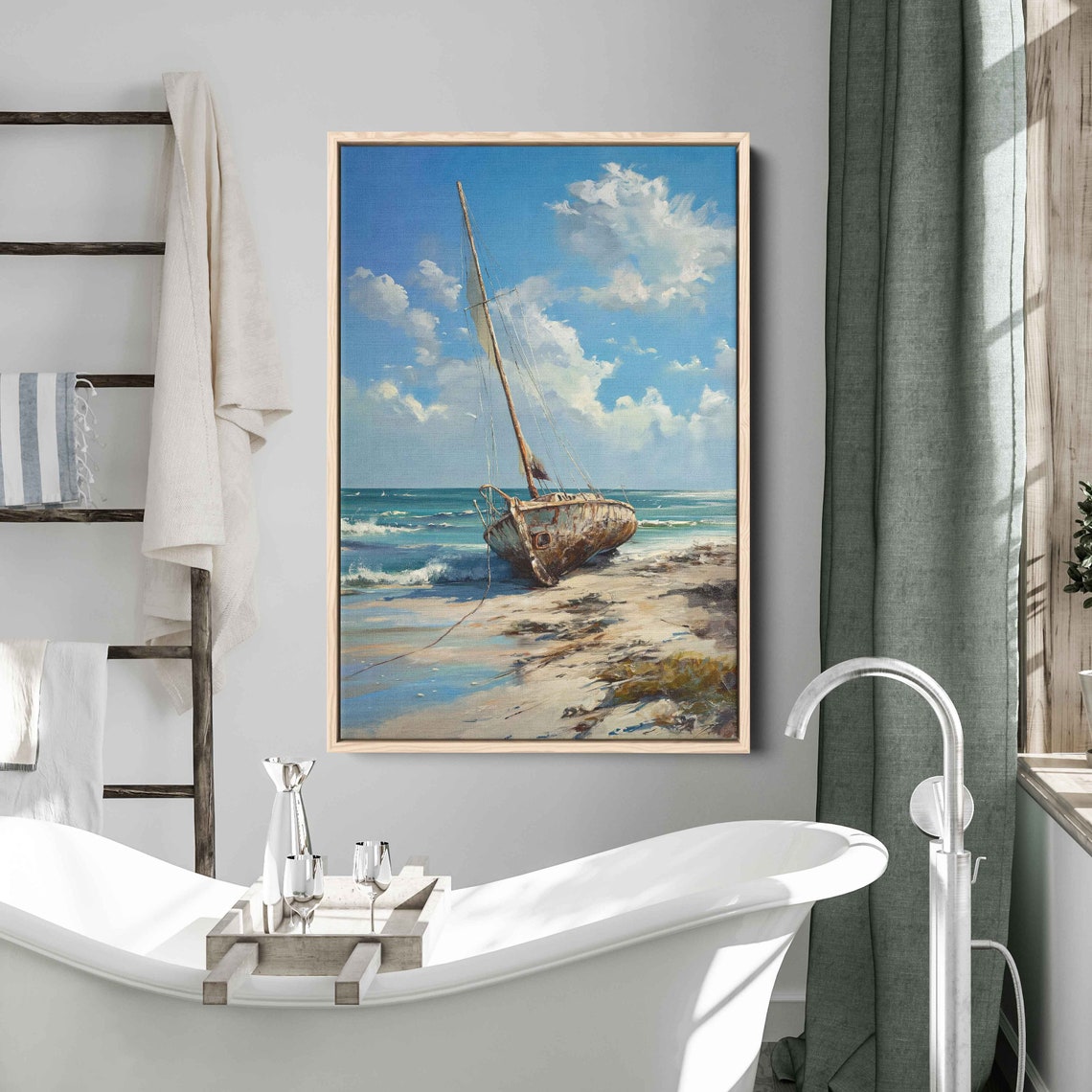 Broken Boat Washed Ashore Painting Cloudy Blue Skies Framed Print Ready To Hang