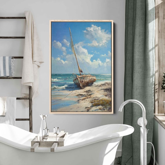 Broken Boat Washed Ashore Painting Cloudy Blue Skies Framed Print Ready To Hang