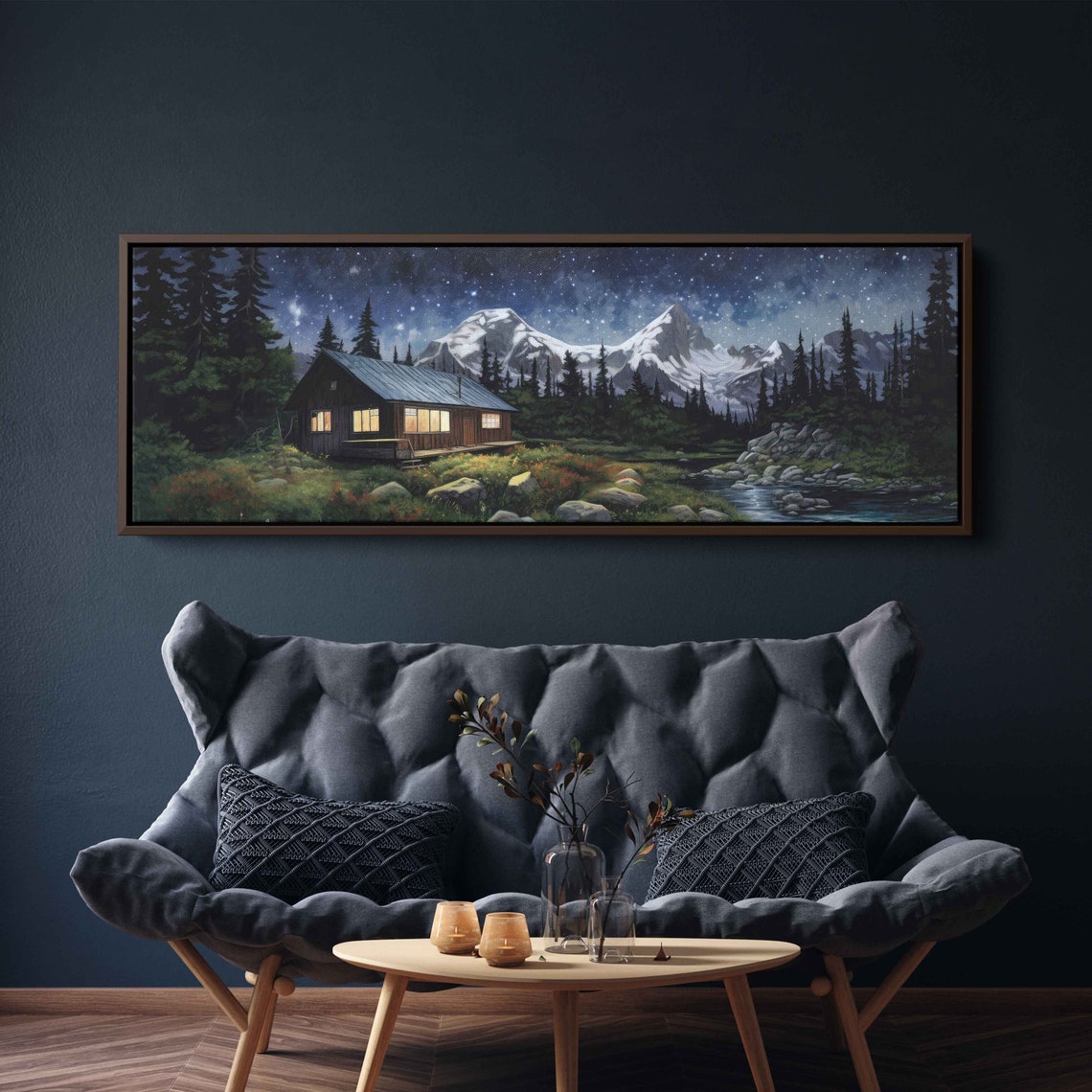 Forest Cabin by Stream Starry Night Snowy Mountain Peaks Poster