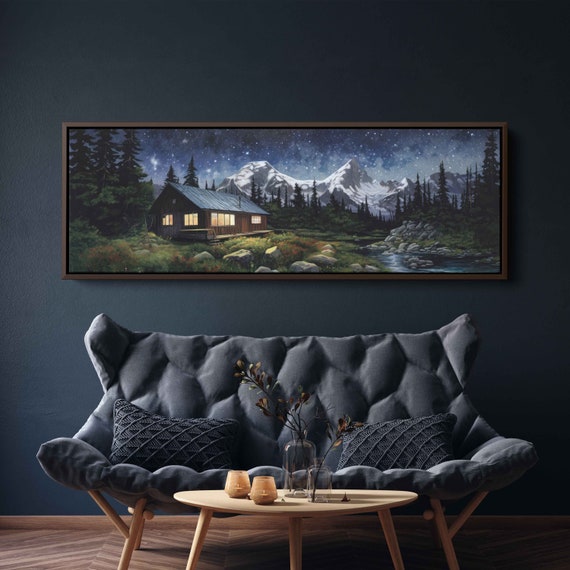 Cabin Starry Night Sky Panoramic Landscape Painting Framed Print Ready To Hang Coloful Night Sky Living Room Decor