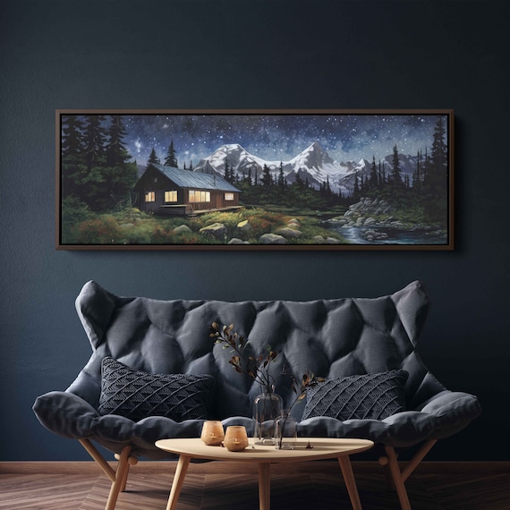 Forest Cabin by Stream Starry Night Snowy Mountain Peaks Poster
