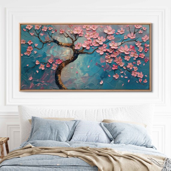 Vibrant Cherry Blossom Tree Painting Cherry Blossom Petals Vivid Color Wall Art Print Ready To Hang