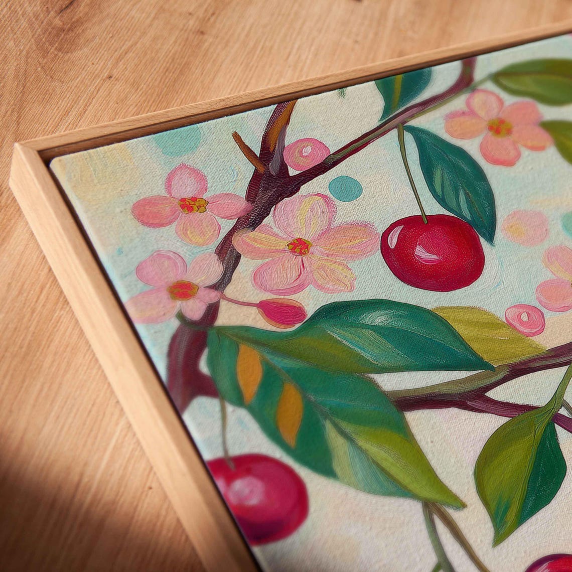 Bright Red Cherries Cherry Blossoms Whimsical Polka Dot Art Poster - Image 2