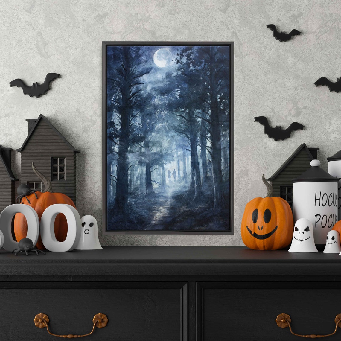 Ghostly Figures Walking Moonlit Foggy Forest Night Spooky Art Print - Image 3
