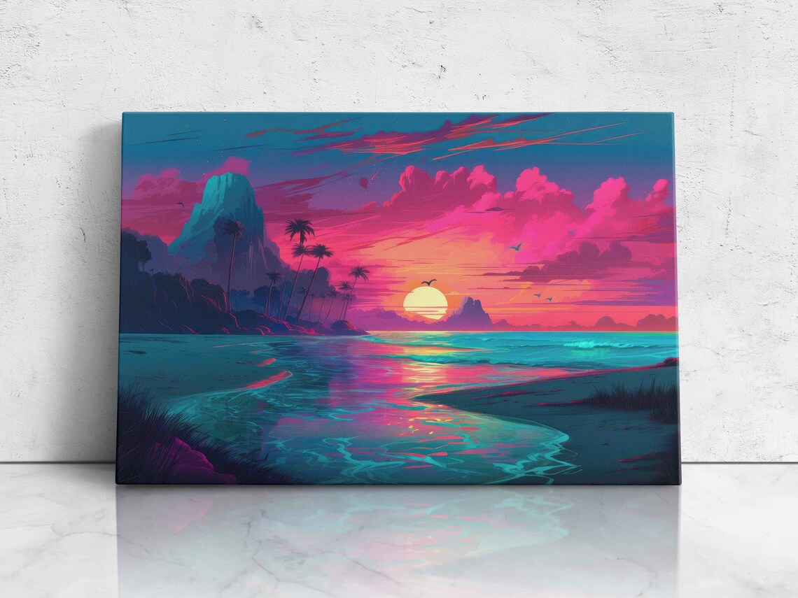 Neon Vaporwave Beach Sunset Pink Sky Palms And Mountains Illustration Print