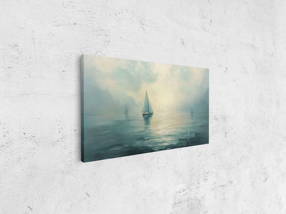 Misty Ocean Morning Sailboats Soft Pastel Sunrise Seascape Poster - Image 4