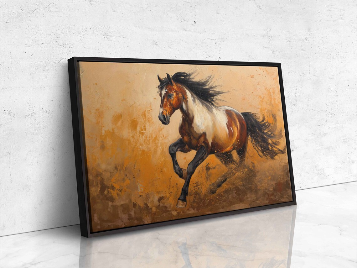 Pinto Horse Galloping Wild Golden Dust Equestrian Oil Painting Print - Image 4