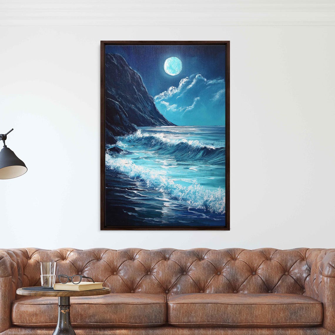 Moonlit Cliffside Surf Waves Wall Art Print Rolling Waves Ocean Decor Gift For Surfer Ready To Hang - Image 3