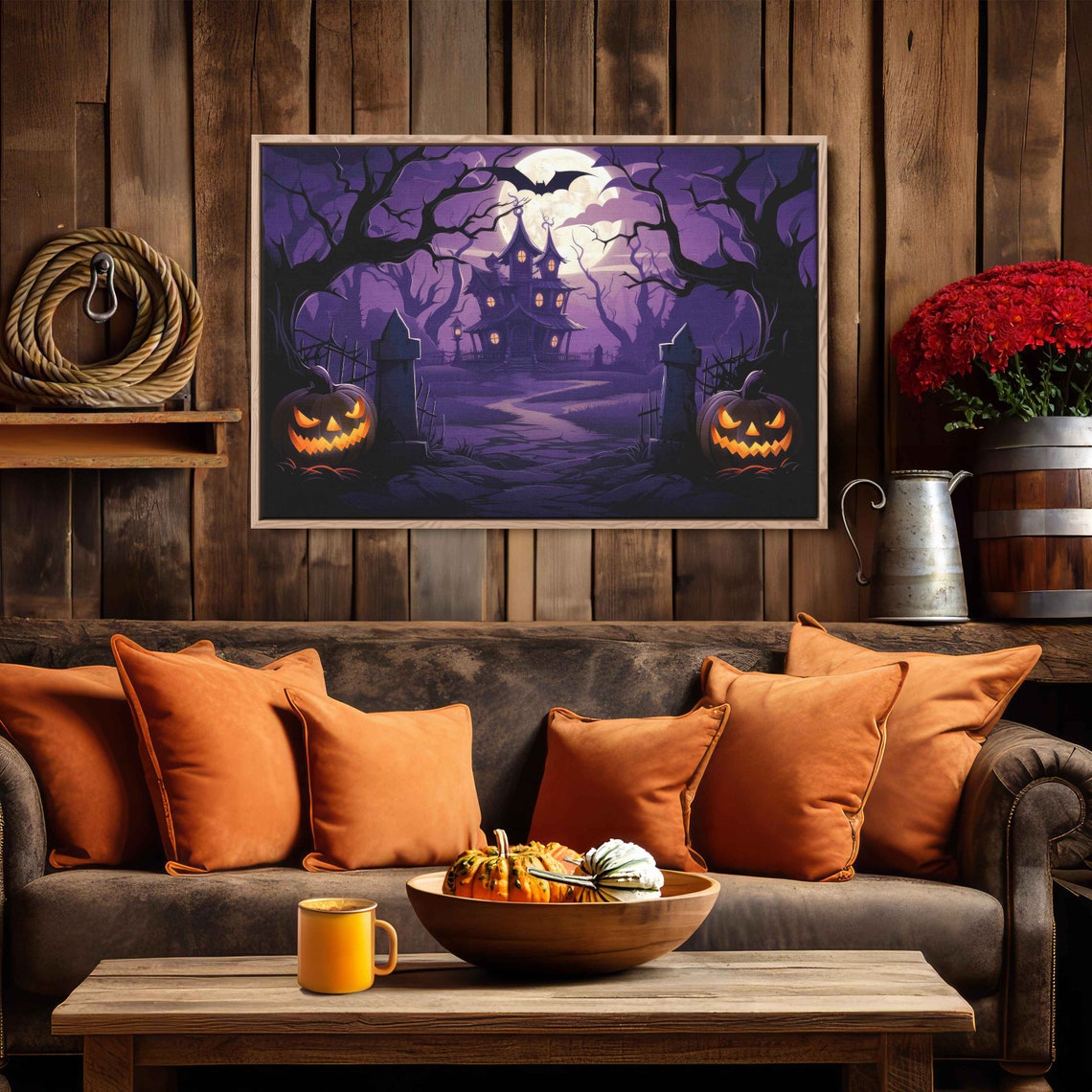 Spooky Haunted House With Jack O Lanterns Purple Night Sky Poster - Image 4