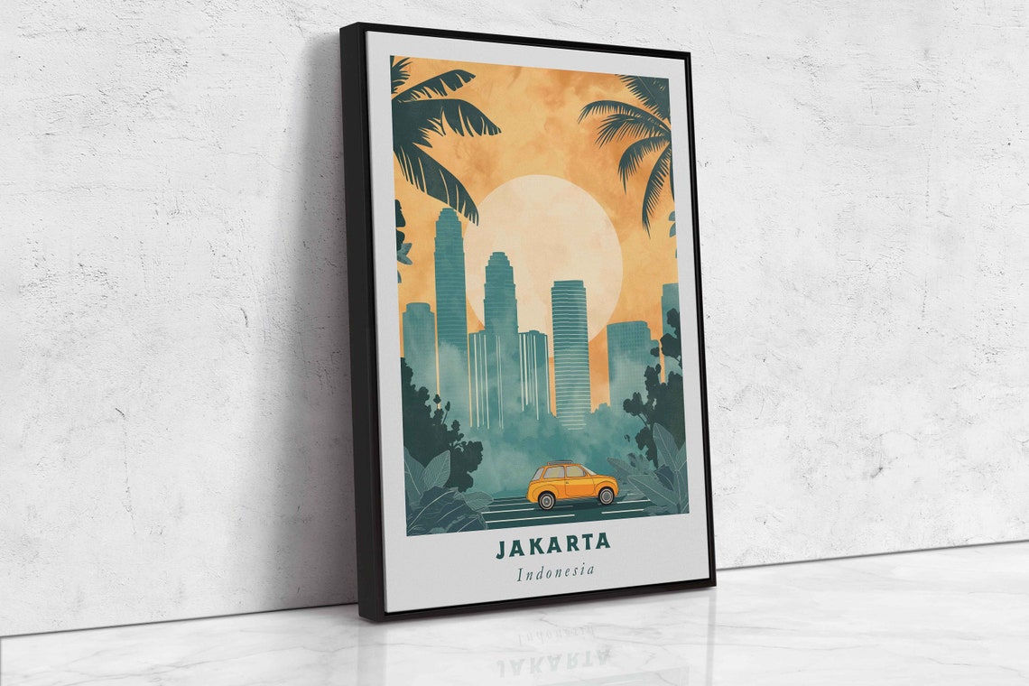 Jakarta Indonesia Vintage Skyline Sun Palm Fronds Orange Taxi Poster - Image 2