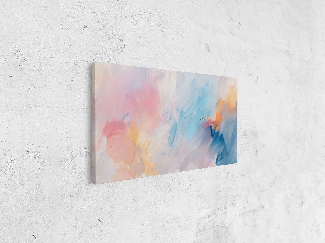 Pink Peach Blue Pastel Swirls Wide Abstract Modern Painting Poster - Image 4