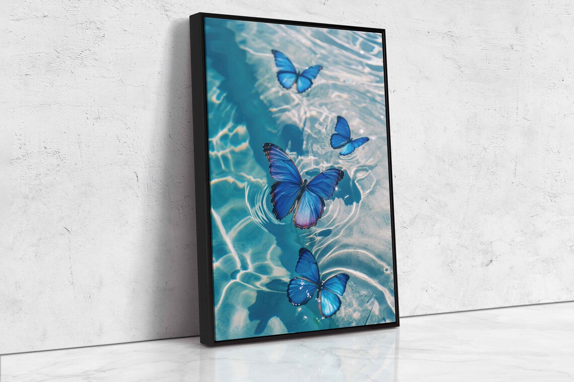 Blue Morpho Butterflies Over Crystal Clear Sparkling Water Art Print - Image 4