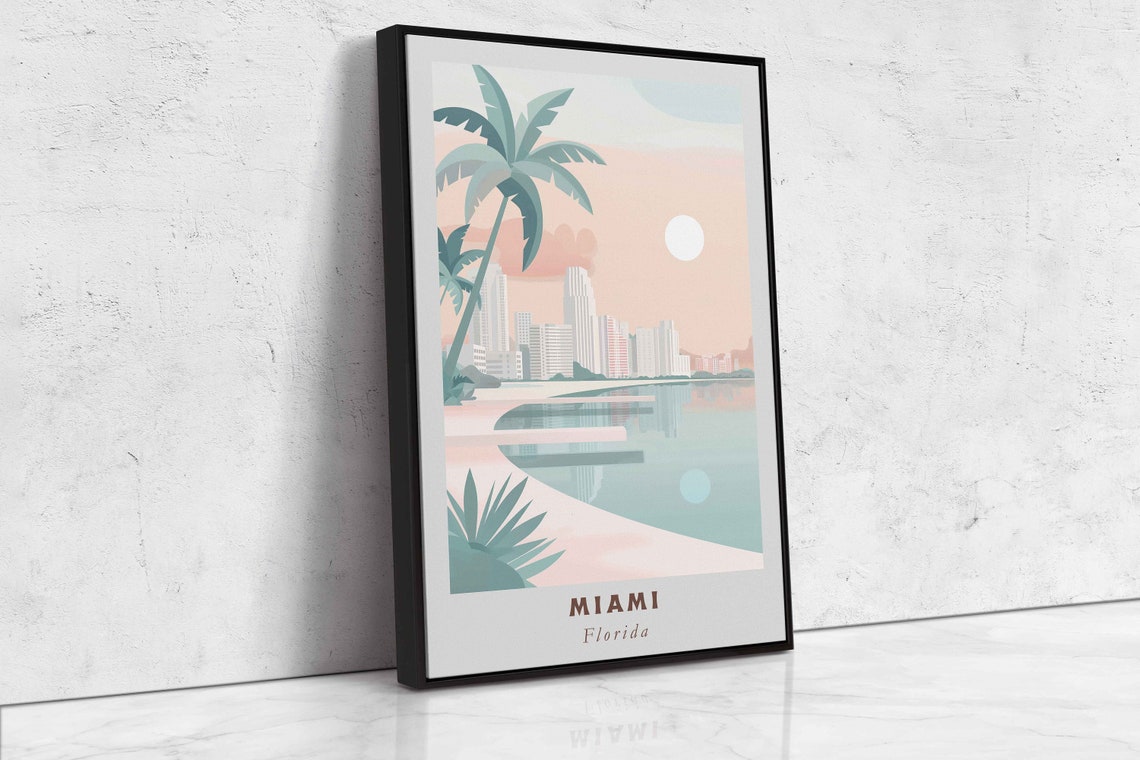 Miami Florida Pastel Palm Beach Skyline Bay Sunset Travel Poster - Image 2