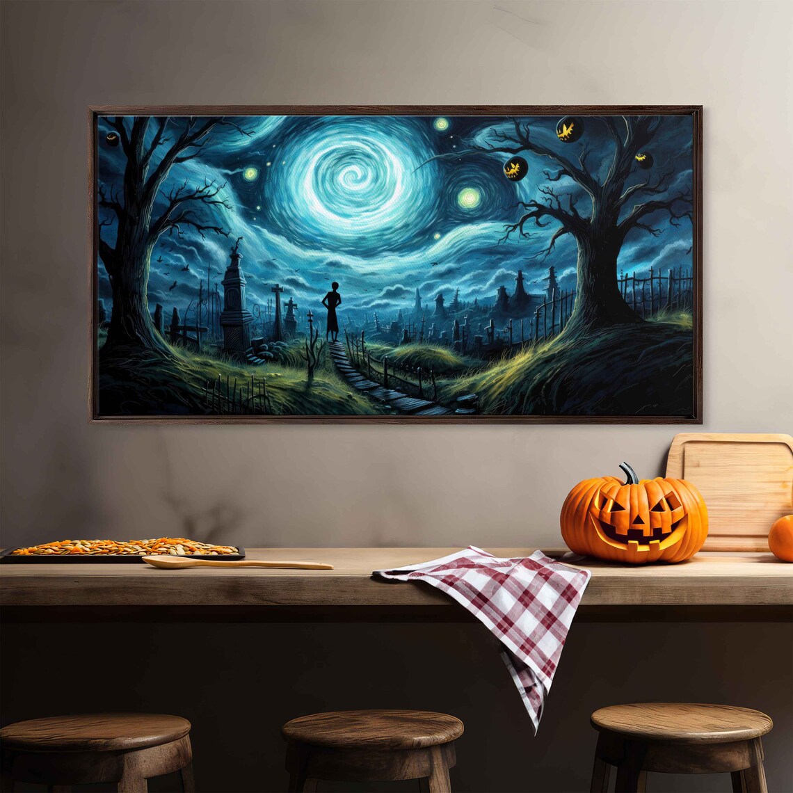 Spooky Starry Night Graveyard Van Gogh Style Swirling Sky Halloween Poster - Image 2