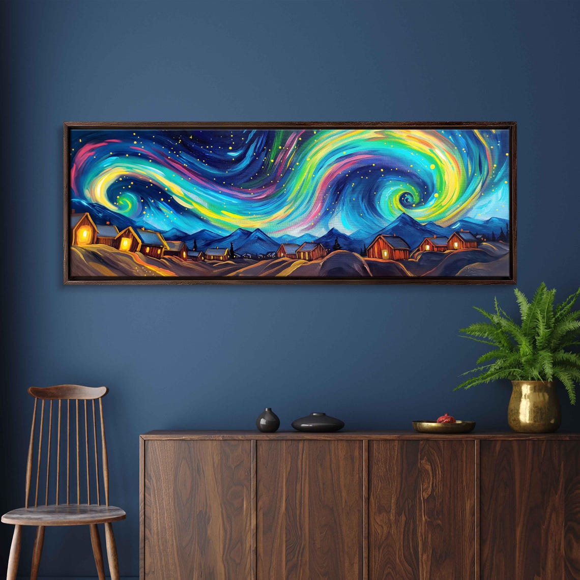 Colorful Swirling Aurora Over Cozy Village Cabins At Night Sky Poster - Image 3