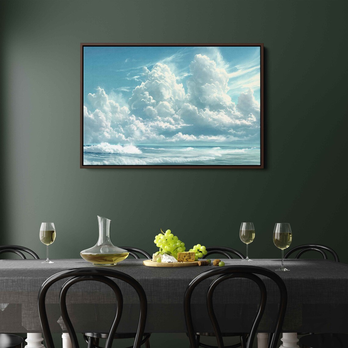 White Cumulus Clouds Turquoise Ocean Waves Calm Seascape Coastal Wall Poster - Image 3