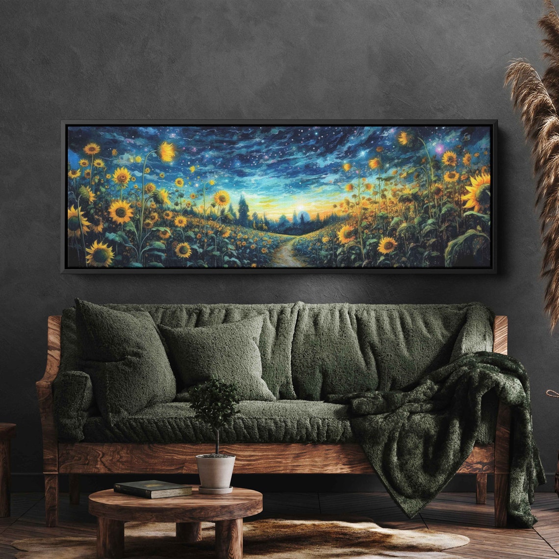 Sunflower Field Under Vibrant Starry Night Sky Panoramic Art Print - Image 3