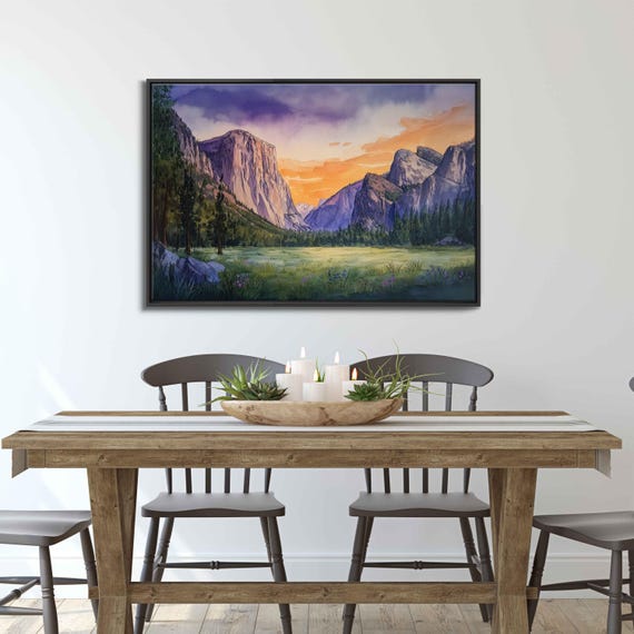 Yosemite National Park Sunset Watercolor Wall Art Print Serene Landscape Vibrant Colors
