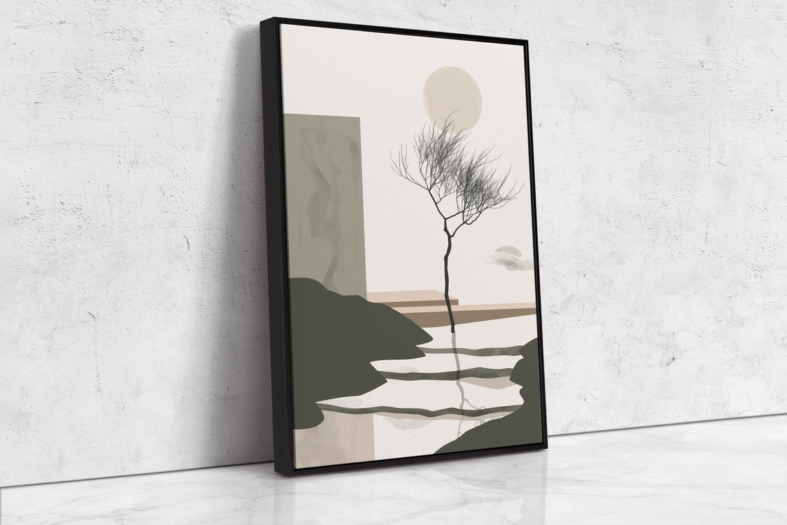 Minimalist Zen Garden Full Moon Lone Tree Flowing Water Wall Art - Image 4